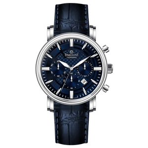 Branded wrist watch for men in pakistan. A silver-colored round analog watch with a leather strap and a chronograph function, displayed against a plain background.