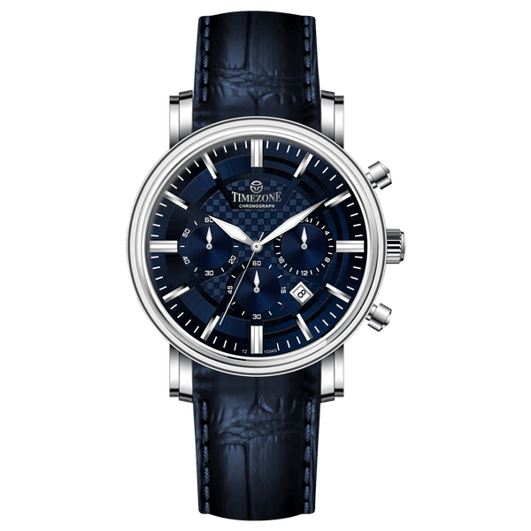 Branded wrist watch for men in pakistan. A silver-colored round analog watch with a leather strap and a chronograph function, displayed against a plain background.