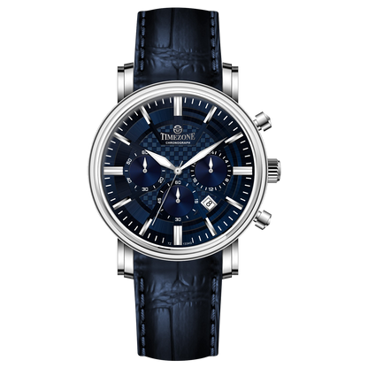 Branded wrist watch for men in pakistan. A silver-colored round analog watch with a leather strap and a chronograph function, displayed against a plain background.