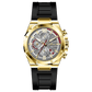 A gold-toned stainless steel watch with a black band and a chronograph dial featuring multiple sub-dials and a date display. Discover timezone watches: elegant branded wrist watches for men in pakistan
