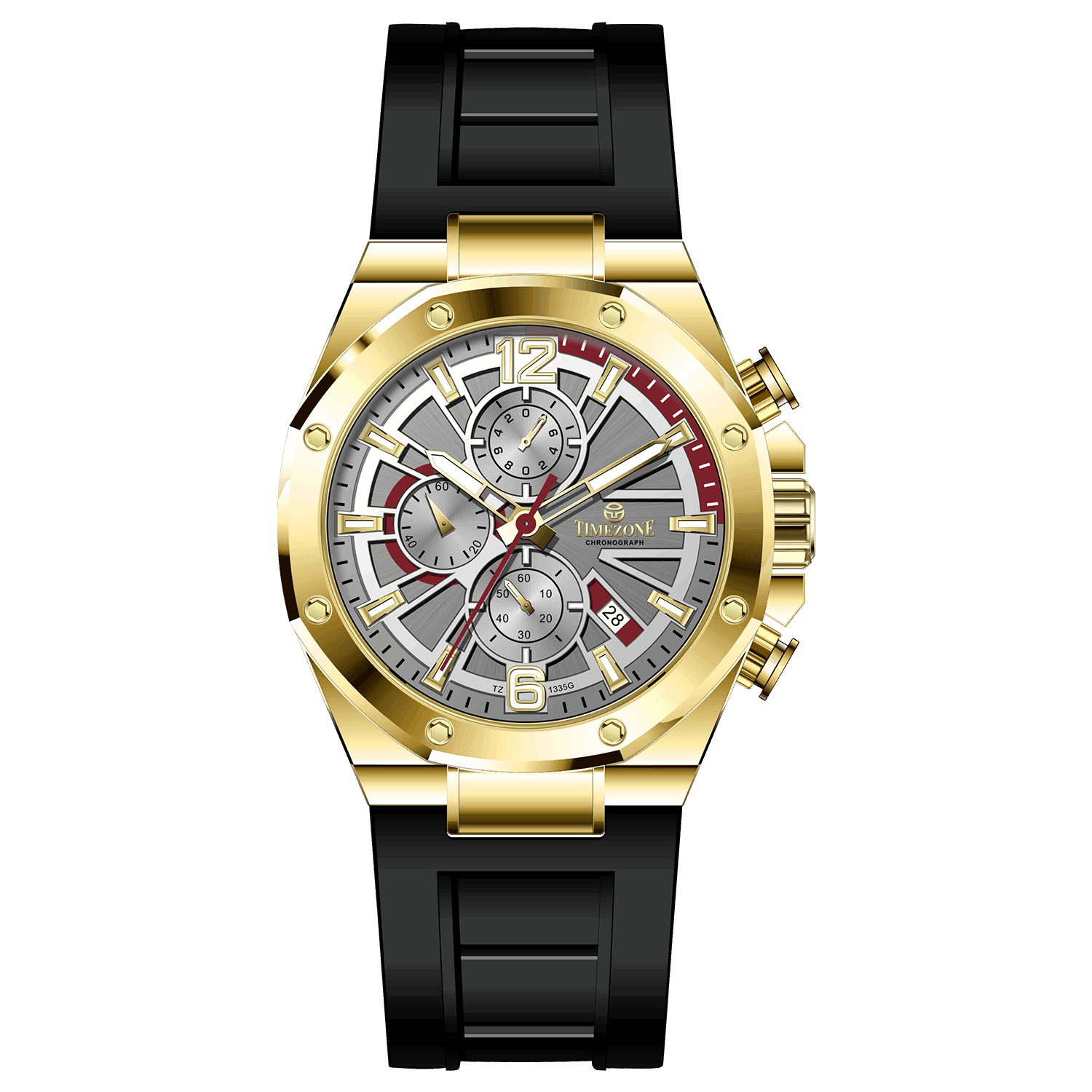 A gold-toned stainless steel watch with a black band and a chronograph dial featuring multiple sub-dials and a date display. Discover timezone watches: elegant branded wrist watches for men in pakistan
