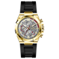 A gold-toned stainless steel watch with a black band and a chronograph dial featuring multiple sub-dials and a date display. Discover timezone watches: elegant branded wrist watches for men in pakistan