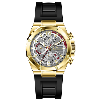A gold-toned stainless steel watch with a black band and a chronograph dial featuring multiple sub-dials and a date display. Discover timezone watches: elegant branded wrist watches for men in pakistan