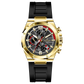 A gold-toned stainless steel watch with a black band and a chronograph dial featuring multiple sub-dials and a date display. Discover timezone watches: elegant branded wrist watches for men in pakistan