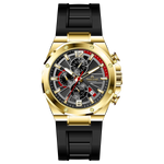 A gold-toned stainless steel watch with a black band and a chronograph dial featuring multiple sub-dials and a date display. Discover timezone watches: elegant branded wrist watches for men in pakistan