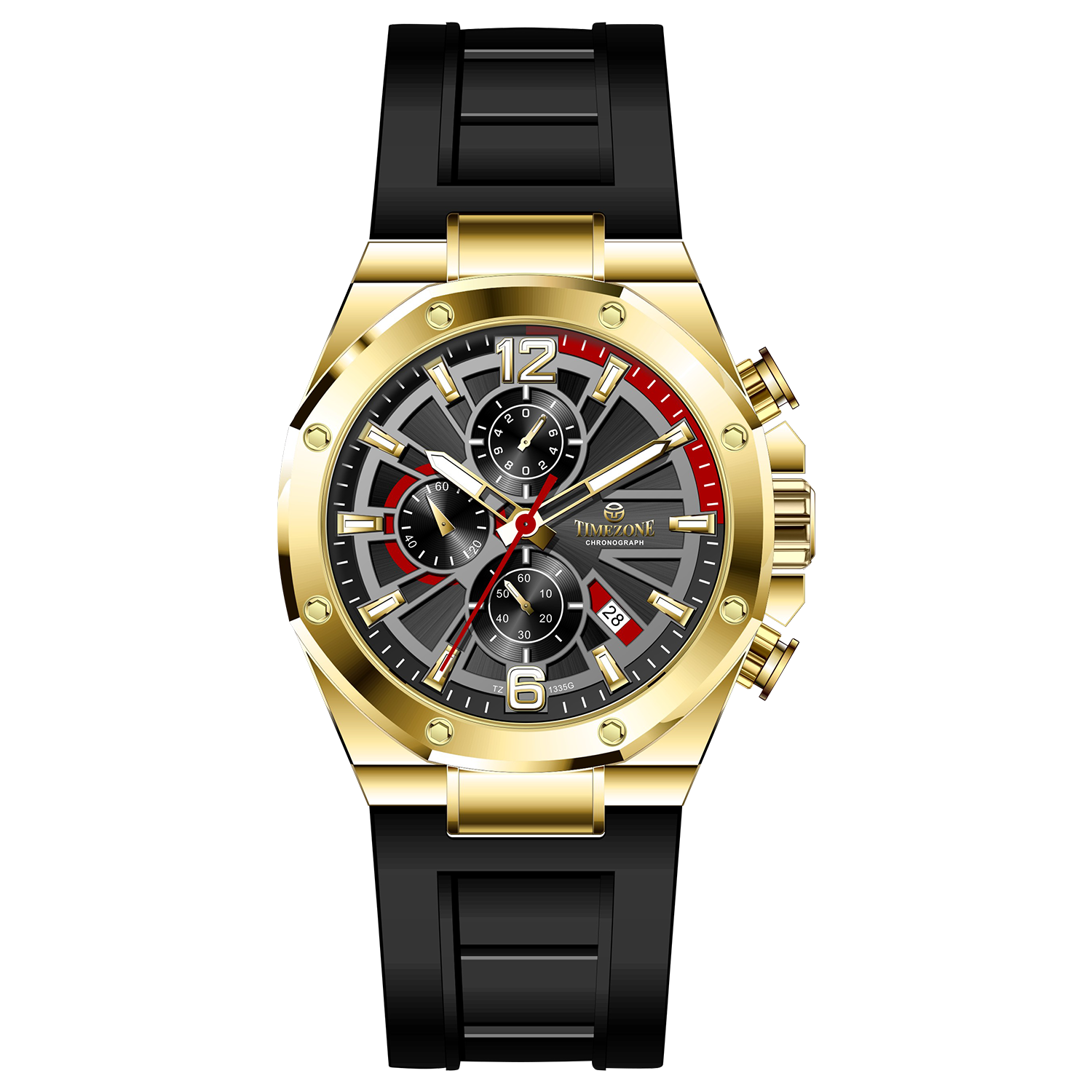 A gold-toned stainless steel watch with a black band and a chronograph dial featuring multiple sub-dials and a date display. Discover timezone watches: elegant branded wrist watches for men in pakistan