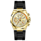A gold-toned stainless steel watch with a black band and a chronograph dial featuring multiple sub-dials and a date display.