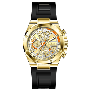 A gold-toned stainless steel watch with a black band and a chronograph dial featuring multiple sub-dials and a date display.