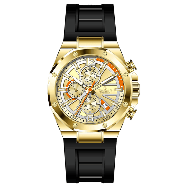 A gold-toned stainless steel watch with a black band and a chronograph dial featuring multiple sub-dials and a date display.