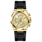 A gold-toned stainless steel watch with a black band and a chronograph dial featuring multiple sub-dials and a date display.