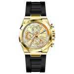 A gold-toned stainless steel watch with a black band and a chronograph dial featuring multiple sub-dials and a date display.