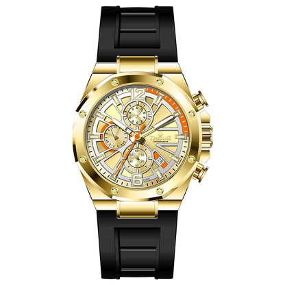 A gold-toned stainless steel watch with a black band and a chronograph dial featuring multiple sub-dials and a date display.