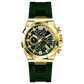 A gold-toned stainless steel watch with a black band and a chronograph dial featuring multiple sub-dials and a date display. Discover timezone watches: elegant branded wrist watches for men in pakistan