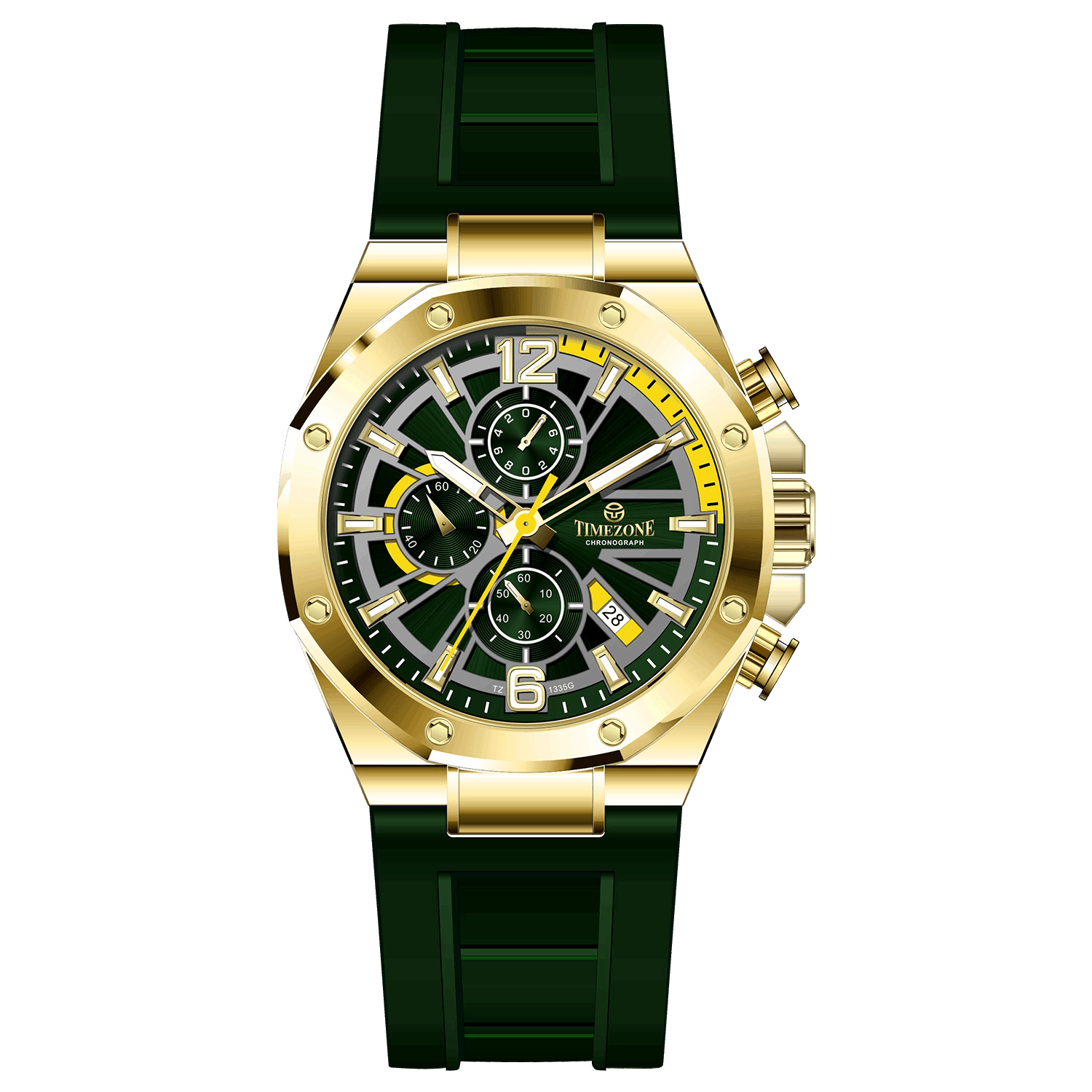 A gold-toned stainless steel watch with a black band and a chronograph dial featuring multiple sub-dials and a date display. Discover timezone watches: elegant branded wrist watches for men in pakistan