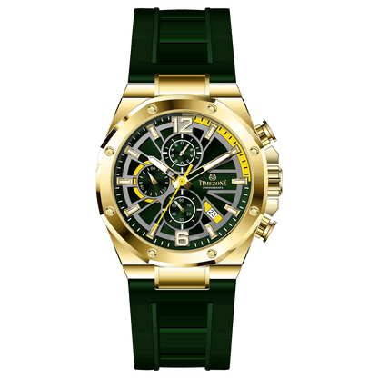A gold-toned stainless steel watch with a black band and a chronograph dial featuring multiple sub-dials and a date display. Discover timezone watches: elegant branded wrist watches for men in pakistan