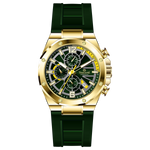 A gold-toned stainless steel watch with a black band and a chronograph dial featuring multiple sub-dials and a date display. Discover timezone watches: elegant branded wrist watches for men in pakistan