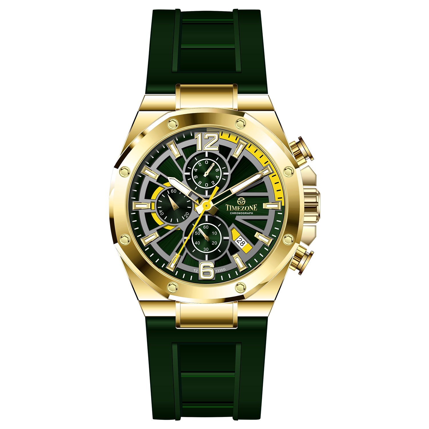 A gold-toned stainless steel watch with a black band and a chronograph dial featuring multiple sub-dials and a date display. Discover timezone watches: elegant branded wrist watches for men in pakistan