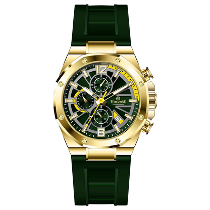 A gold-toned stainless steel watch with a black band and a chronograph dial featuring multiple sub-dials and a date display. Discover timezone watches: elegant branded wrist watches for men in pakistan