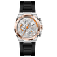 Discover timezone watches: elegant branded wrist watches for men in pakistan. A silver stainless steel watch with a black band and a rose gold case featuring a chronograph dial with multiple sub-dials and a date display.