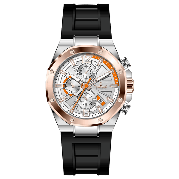 Discover timezone watches: elegant branded wrist watches for men in pakistan. A silver stainless steel watch with a black band and a rose gold case featuring a chronograph dial with multiple sub-dials and a date display.