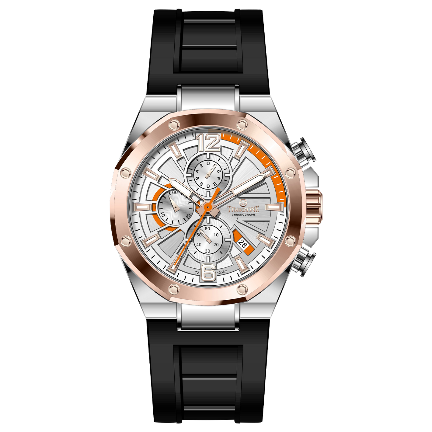 Discover timezone watches: elegant branded wrist watches for men in pakistan. A silver stainless steel watch with a black band and a rose gold case featuring a chronograph dial with multiple sub-dials and a date display.