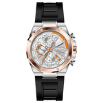 Discover timezone watches: elegant branded wrist watches for men in pakistan. A silver stainless steel watch with a black band and a rose gold case featuring a chronograph dial with multiple sub-dials and a date display.