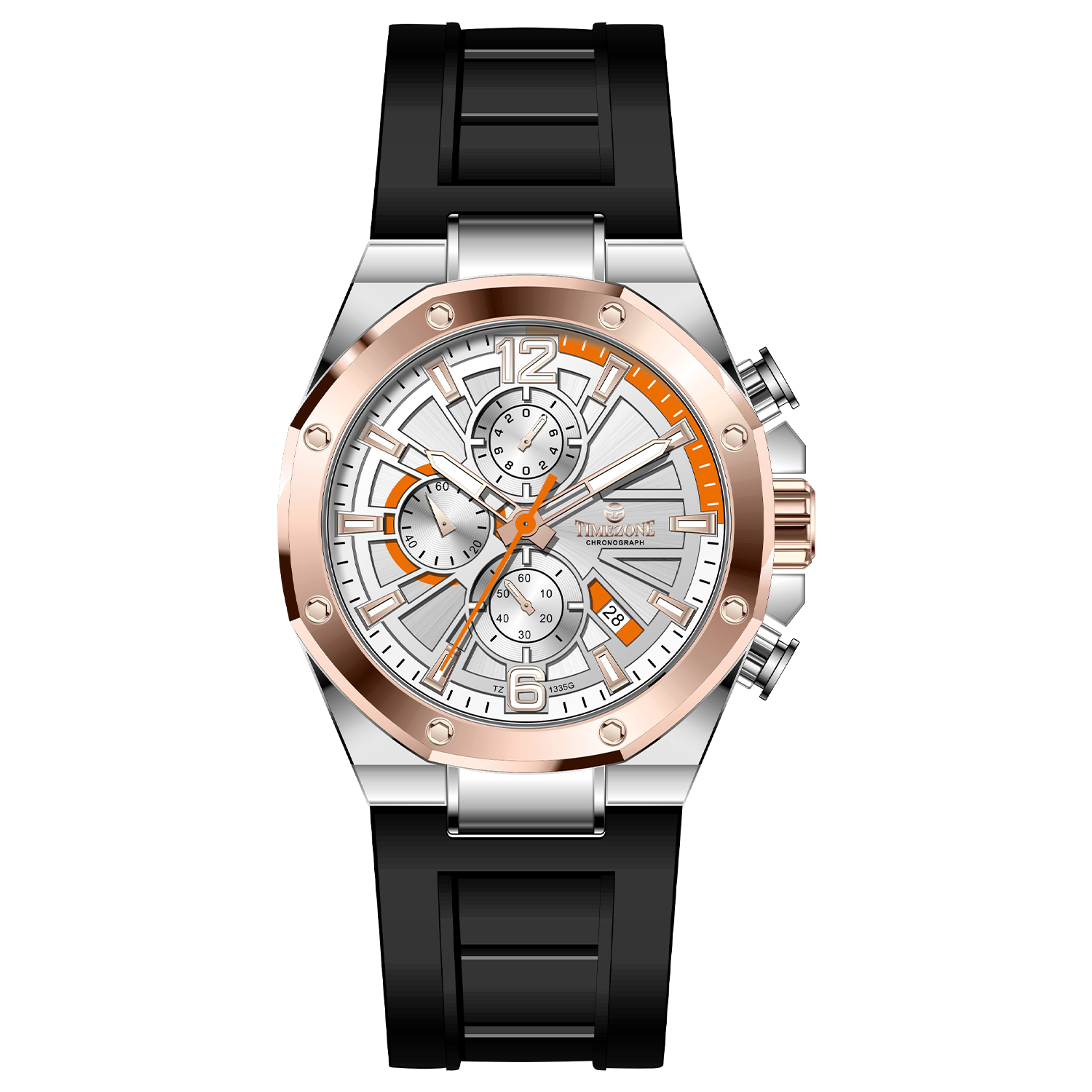Discover timezone watches: elegant branded wrist watches for men in pakistan. A silver stainless steel watch with a black band and a rose gold case featuring a chronograph dial with multiple sub-dials and a date display.