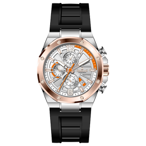 Discover timezone watches: elegant branded wrist watches for men in pakistan. A silver stainless steel watch with a black band and a rose gold case featuring a chronograph dial with multiple sub-dials and a date display.
