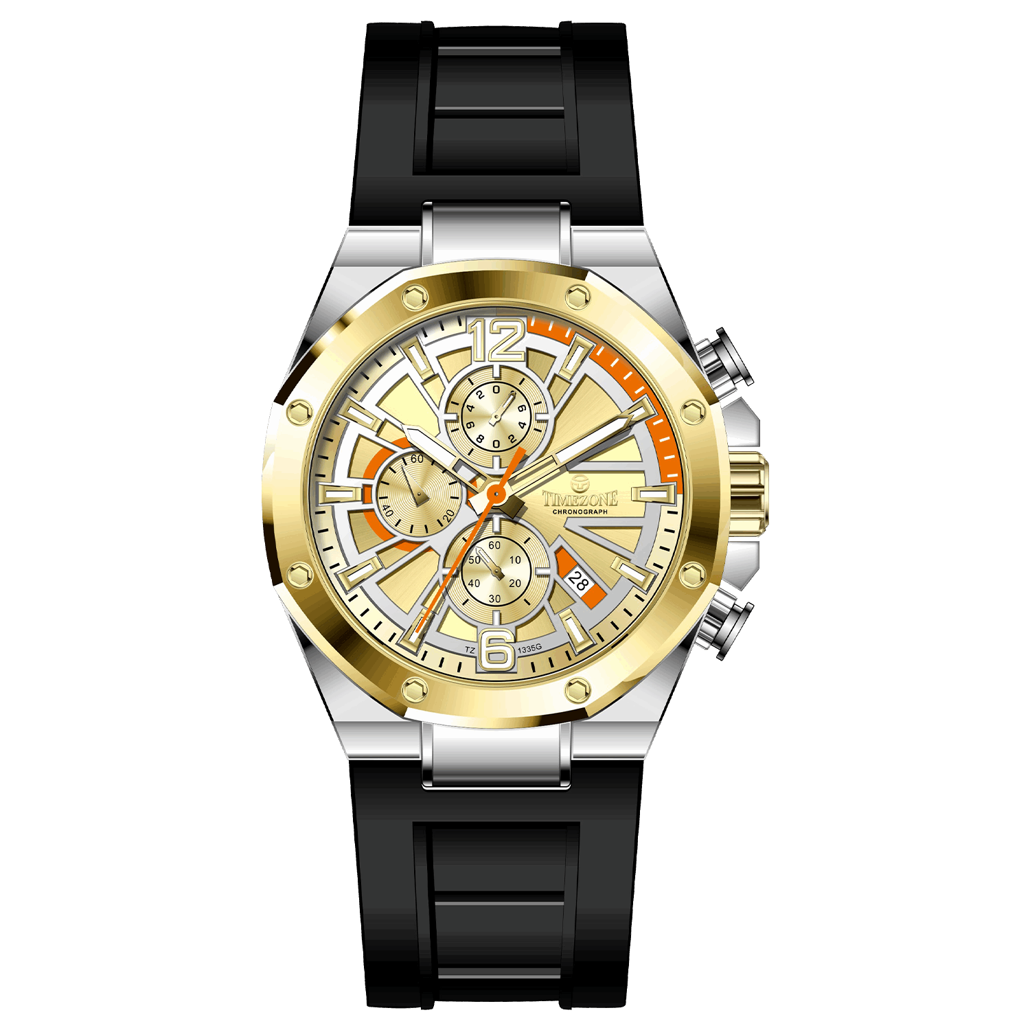 A silver and gold stainless steel watch with a black band and a analog display. Discover timezone watches: elegant branded wrist watches for men in pakistan