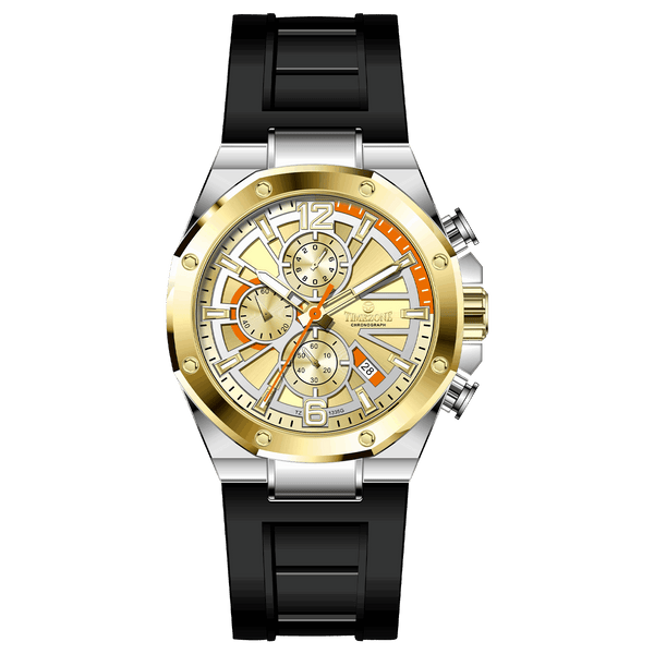 A silver and gold stainless steel watch with a black band and a analog display. Discover timezone watches: elegant branded wrist watches for men in pakistan
