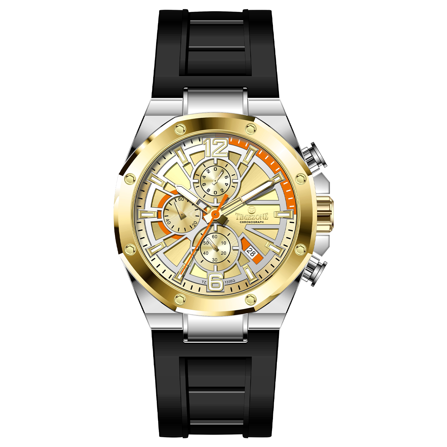 A silver and gold stainless steel watch with a black band and a analog display. Discover timezone watches: elegant branded wrist watches for men in pakistan