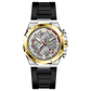 A silver and gold stainless steel watch with a black band and a analog display.