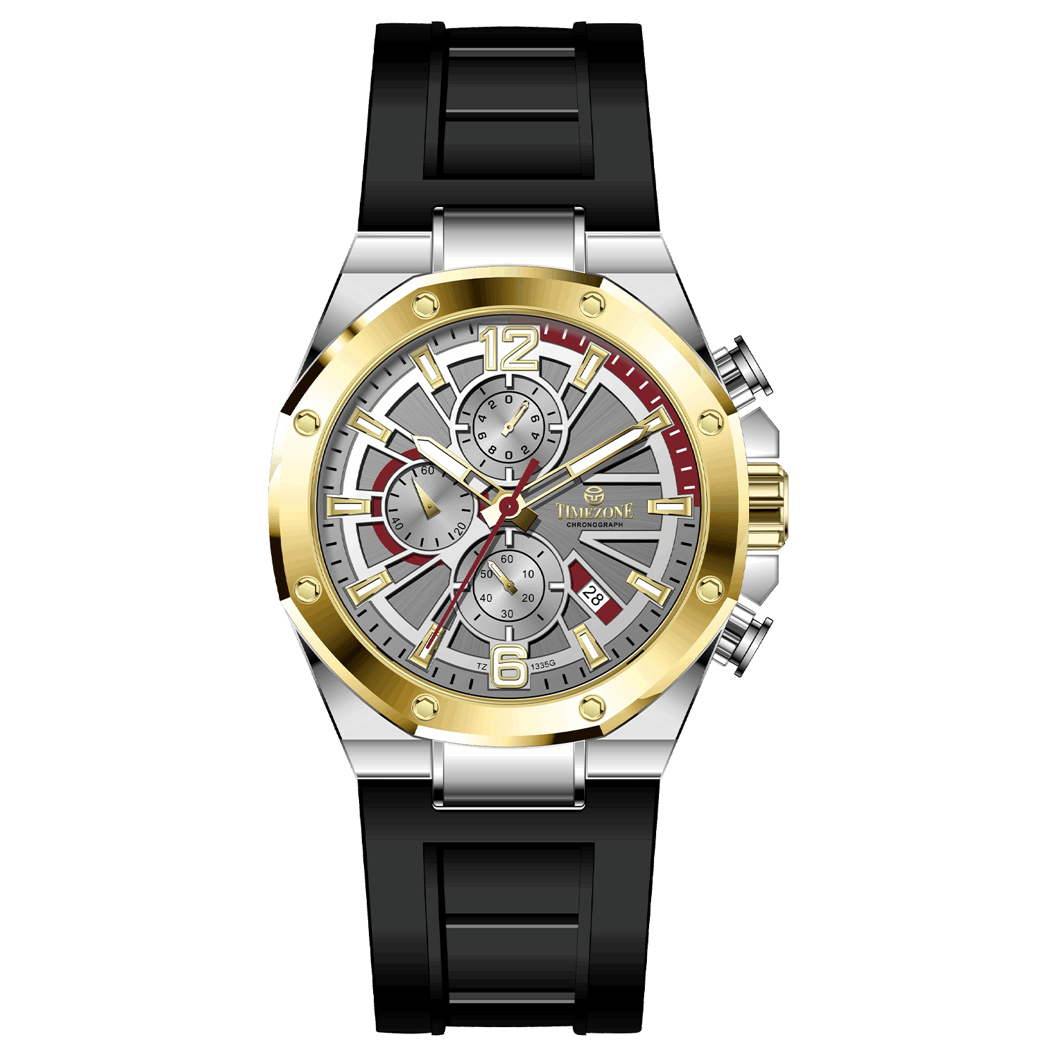 A silver and gold stainless steel watch with a black band and a analog display.