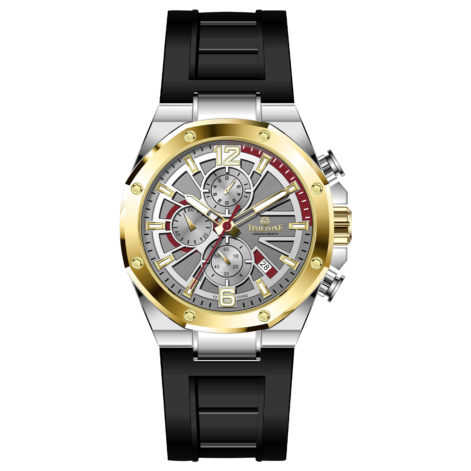 A silver and gold stainless steel watch with a black band and a analog display.