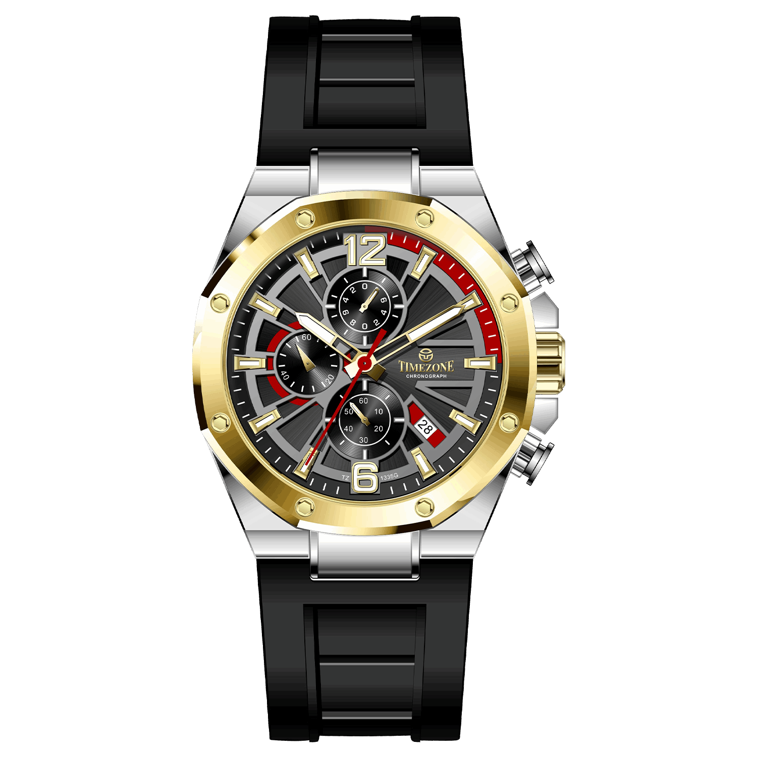 A silver and gold stainless steel watch with a black band and a analog display. Discover timezone watches: elegant branded wrist watches for men in pakistan