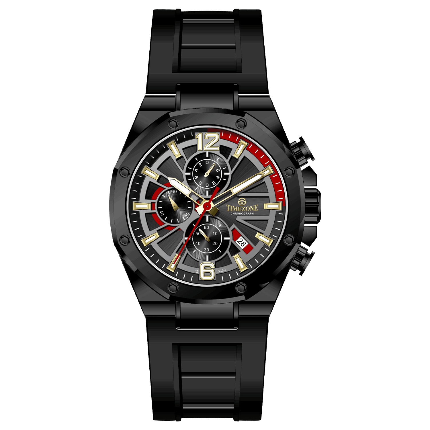 Discover timezone watches: elegant branded wrist watches for men in pakistan. A black silicone banded watch with a stainless steel case and a analog display.