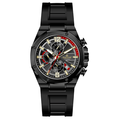Discover timezone watches: elegant branded wrist watches for men in pakistan. A black silicone banded watch with a stainless steel case and a analog display.