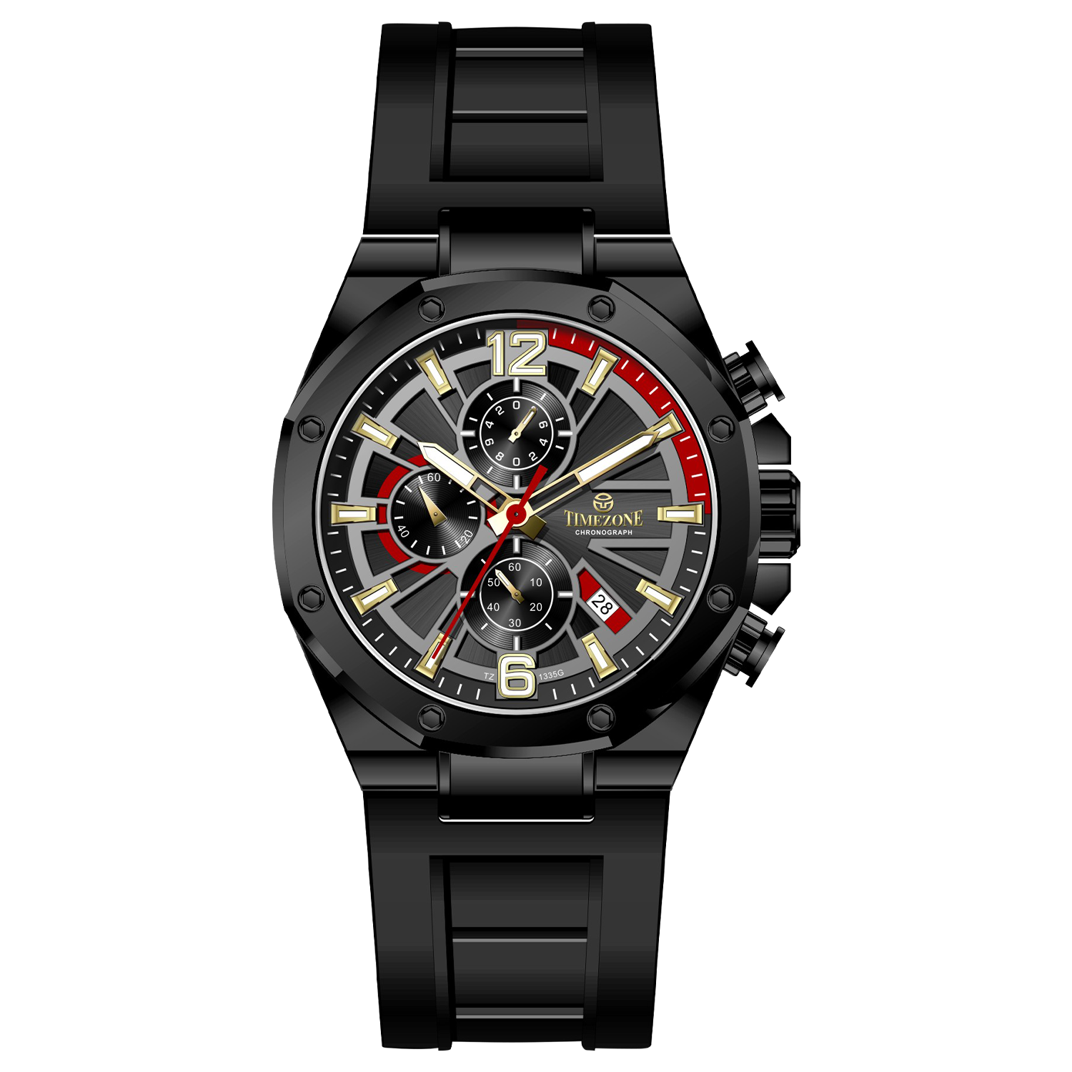 Discover timezone watches: elegant branded wrist watches for men in pakistan. A black silicone banded watch with a stainless steel case and a analog display.