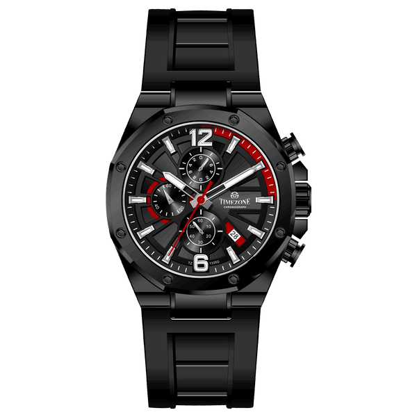 Discover timezone watches: elegant branded wrist watches for men in pakistan. A black silicone banded watch with a stainless steel case and a digital display.