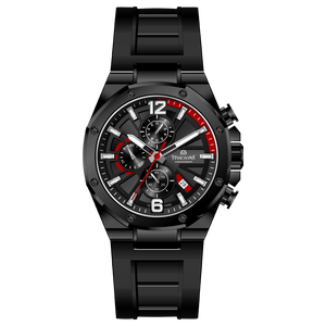 Discover timezone watches: elegant branded wrist watches for men in pakistan. A black silicone banded watch with a stainless steel case and a digital display.