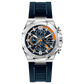 A silver-toned watch with a silicone band and a chronograph movement. It features a stainless steel case, a clear dial with orange and white markings, and a black buckle. Discover timezone watches: elegant branded wrist watches for men in pakistan
