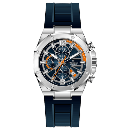 A silver-toned watch with a silicone band and a chronograph movement. It features a stainless steel case, a clear dial with orange and white markings, and a black buckle. Discover timezone watches: elegant branded wrist watches for men in pakistan