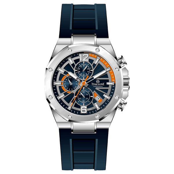 A silver-toned watch with a silicone band and a chronograph movement. It features a stainless steel case, a clear dial with orange and white markings, and a black buckle. Discover timezone watches: elegant branded wrist watches for men in pakistan