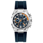A silver-toned watch with a silicone band and a chronograph movement. It features a stainless steel case, a clear dial with orange and white markings, and a black buckle. Discover timezone watches: elegant branded wrist watches for men in pakistan