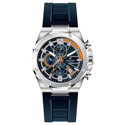 A silver-toned watch with a silicone band and a chronograph movement. It features a stainless steel case, a clear dial with orange and white markings, and a black buckle. Discover timezone watches: elegant branded wrist watches for men in pakistan