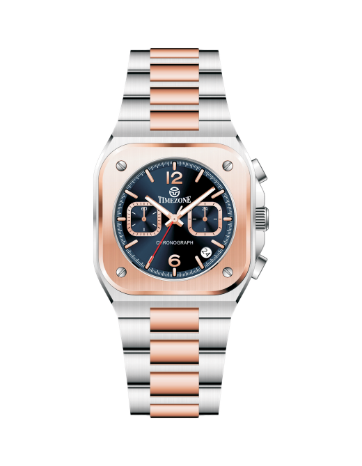 Timezone watch with rose gold and silver band on white background - branded wrist watch for men in pakistan