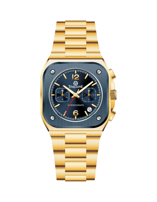 Gold wristwatch with a blue face on a white background. Branded wrist watch for men in pakistan
