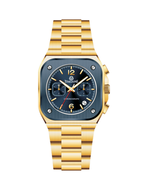 Gold wristwatch with a blue face on a white background. Branded wrist watch for men in pakistan