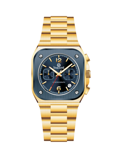 Gold wristwatch with a blue face on a white background. Branded wrist watch for men in pakistan