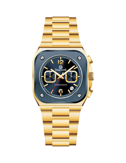 Gold wristwatch with a blue face on a white background. Branded wrist watch for men in pakistan